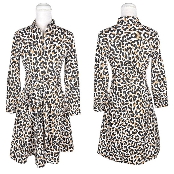 J. Crew leopard print tie-waist shirt dress pockets long sleeve buttons collar 2 - Picture 2 of 16